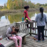 Lee Elementary students exploring a pond